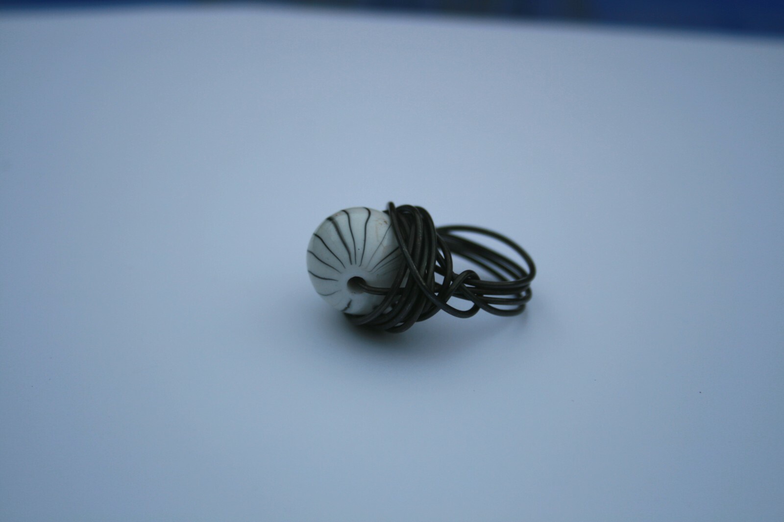 Large Wire Wrap Statement Ring, White Black Striped 'Marble' Charm, Size 8, NEW