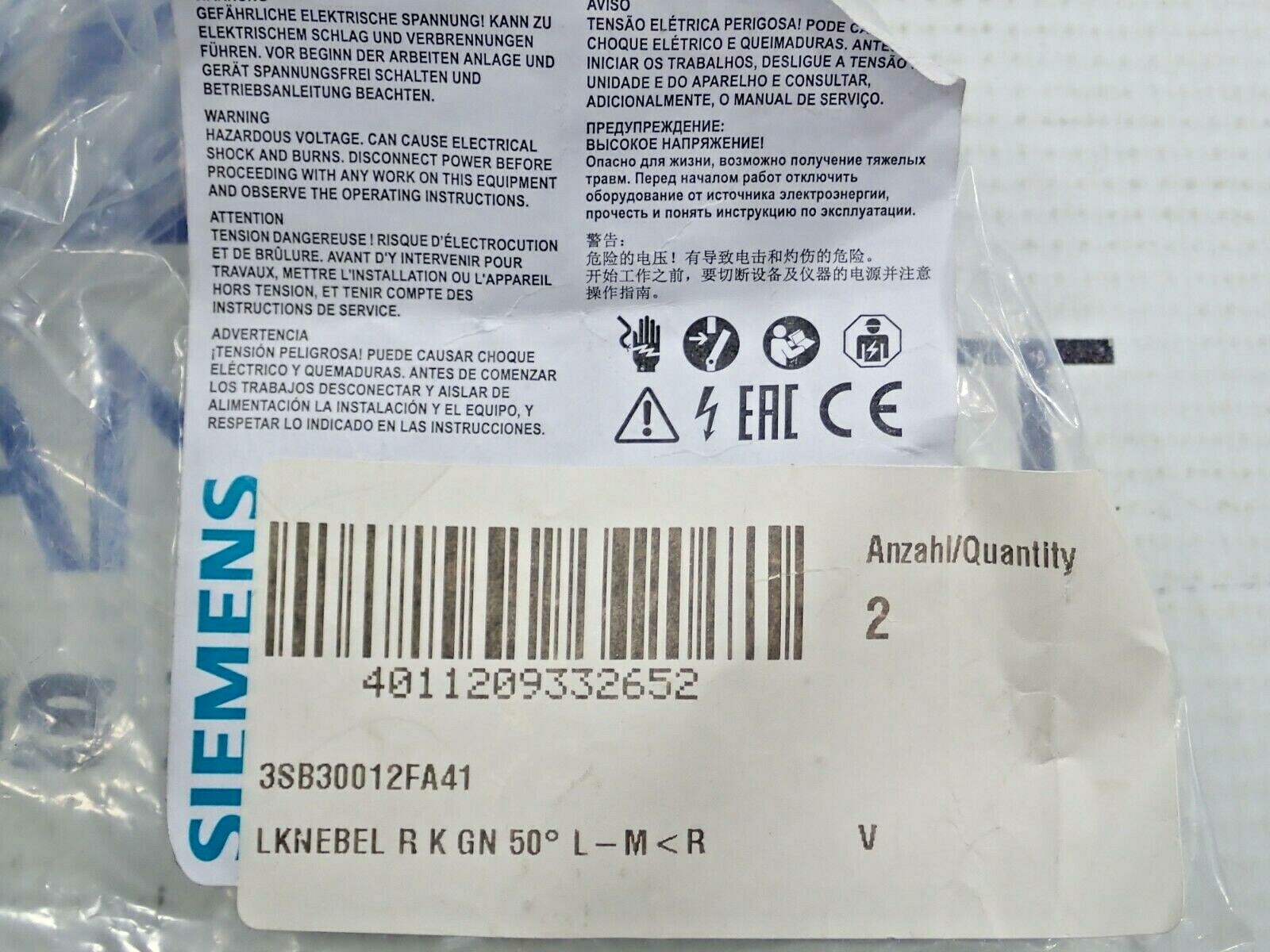 SIEMENS 3SB30012FA41 SELECTOR SWITCH GREEN QUANTITY 2 NEW