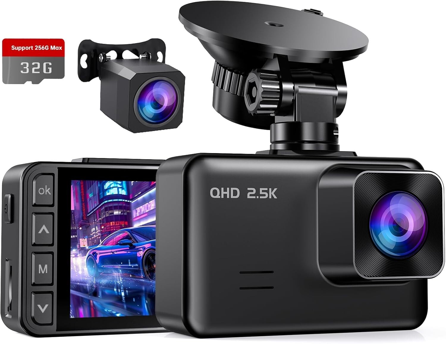 2026 Dash Cam Front and Rear, 2.5K+1080P Dual Dash Camera,2"Screen w/ 32GB Card