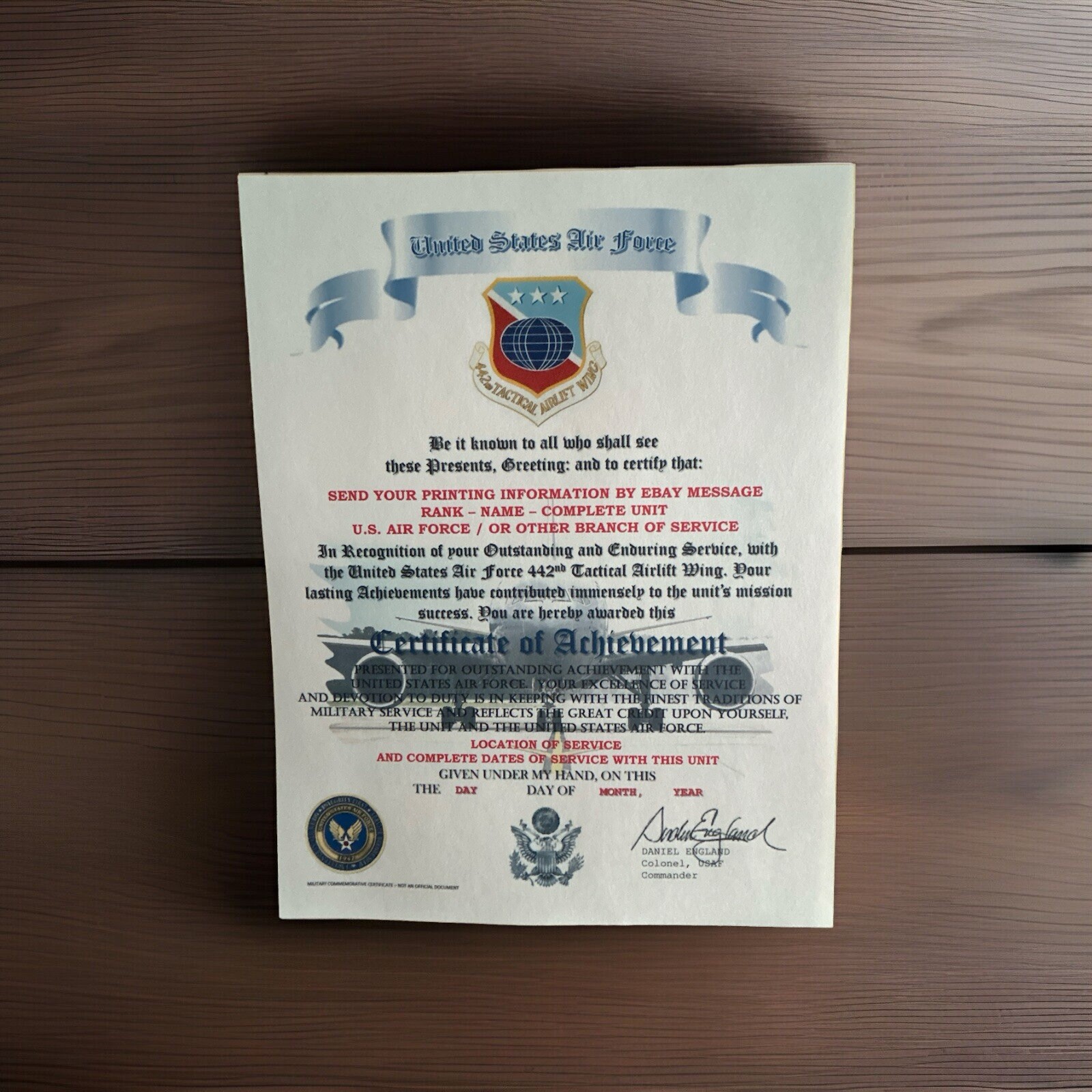 U.S.A.F. / AIR FORCE 442ND TACTICAL AIRLIFT WING - CERTIFICATE OF ACHIEVEMENT