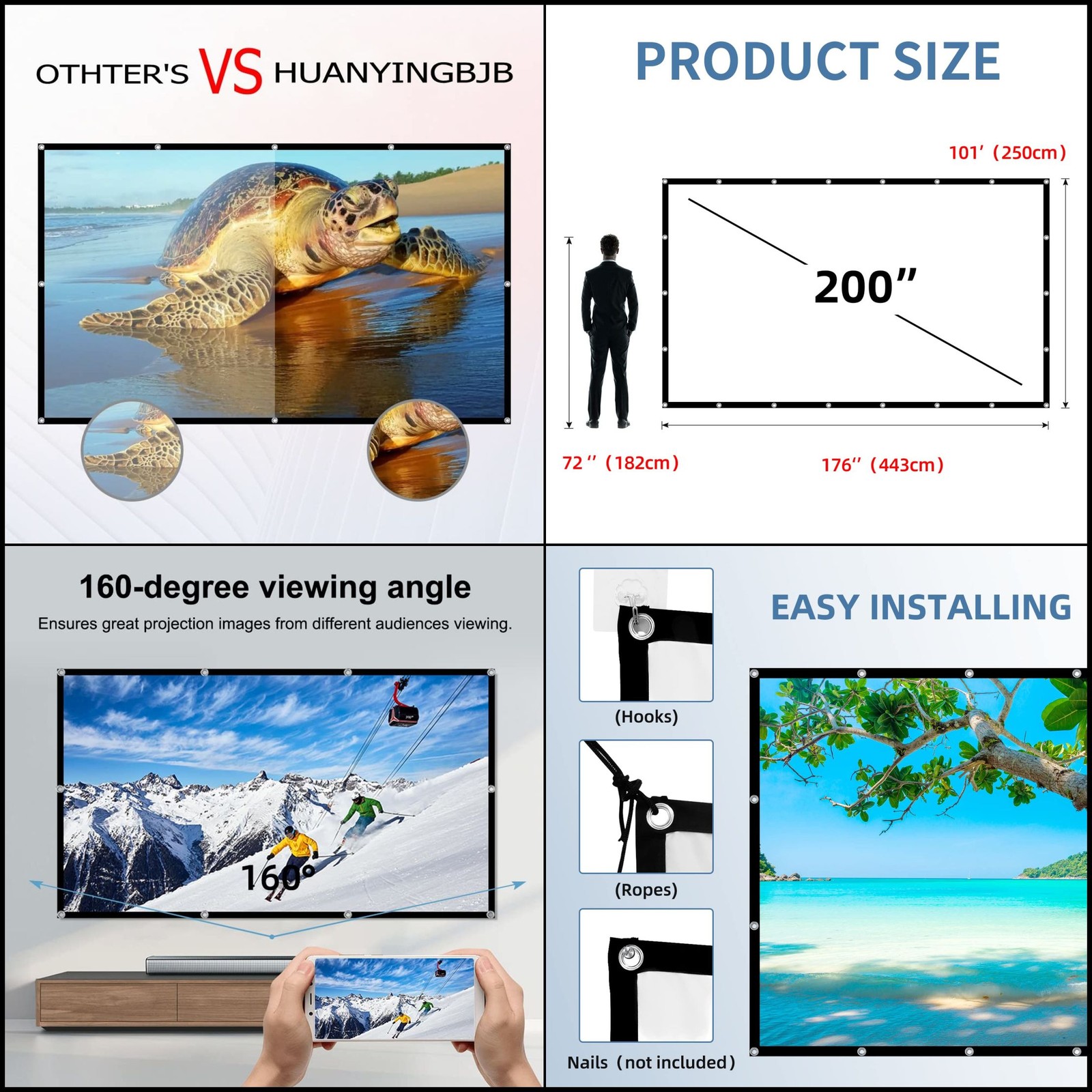 HUANYINGBJB 200" 4K HD Projector Screen - Portable Foldable Movie Screen