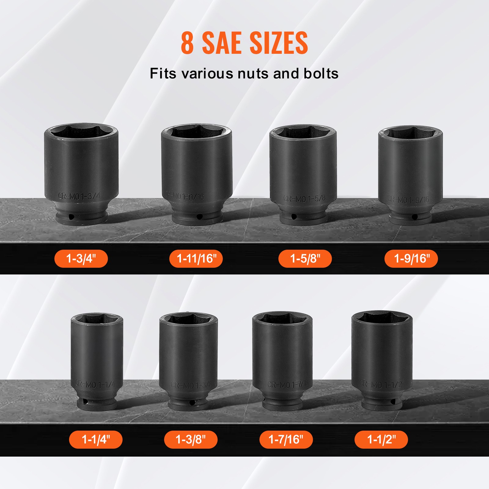 Uimoso 8PCS 1/2" Drive Deep 6-Point SAE Axle Nut Impact Socket Set