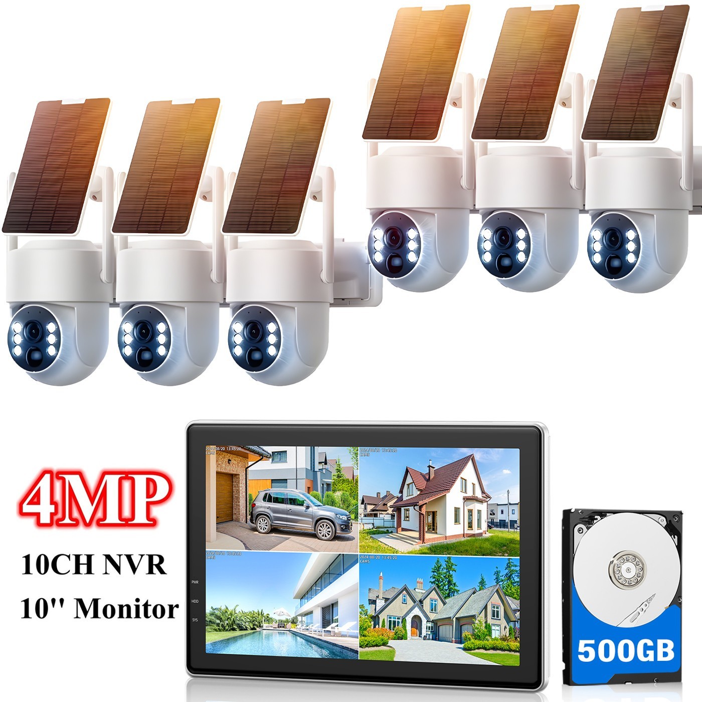 10CH Monitor NVR Wireless Solar Security Camera System Outdoor Audio Recording