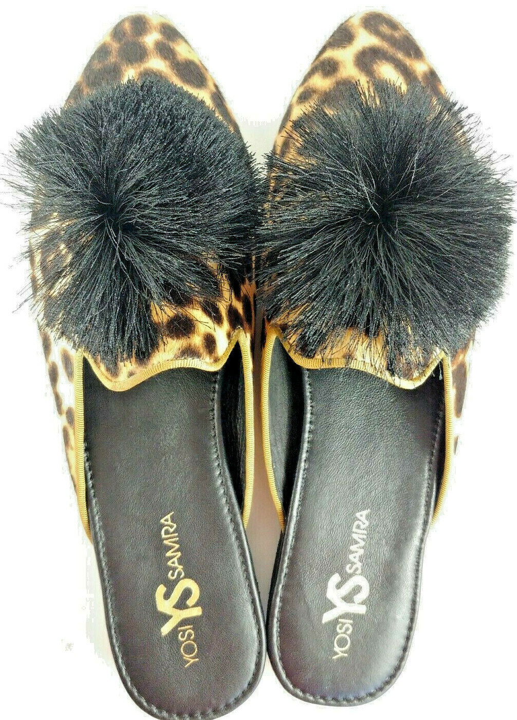 Yosi Samra Vavoom Tan Leopard Print Pom Pom Mules Calf Hair Size 8M 10M 11M