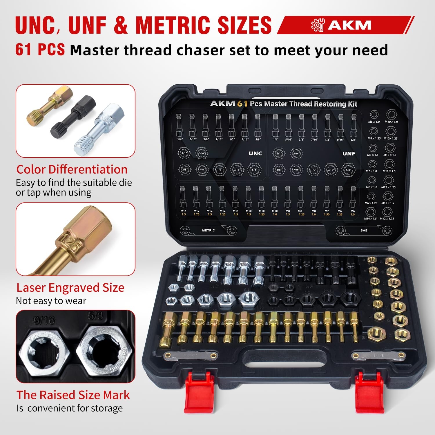 AKM 61Pcs Thread Restorer Kit, Rethread Repair Tool, UNC UNF & MetricThread...