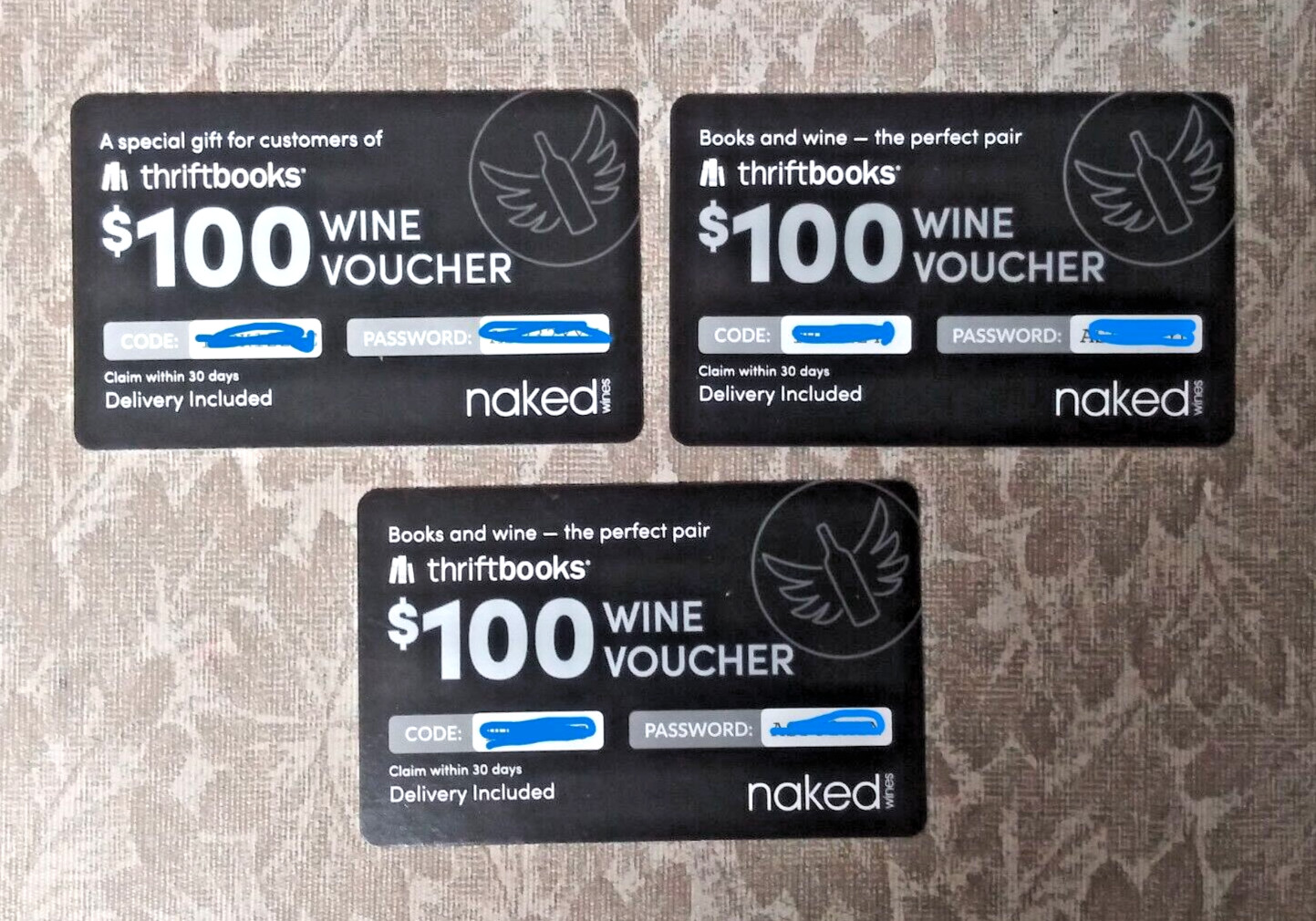 set of 3 $100 Wine Vouchers / Gift Cards  !!!!!courtesy Nakedwines