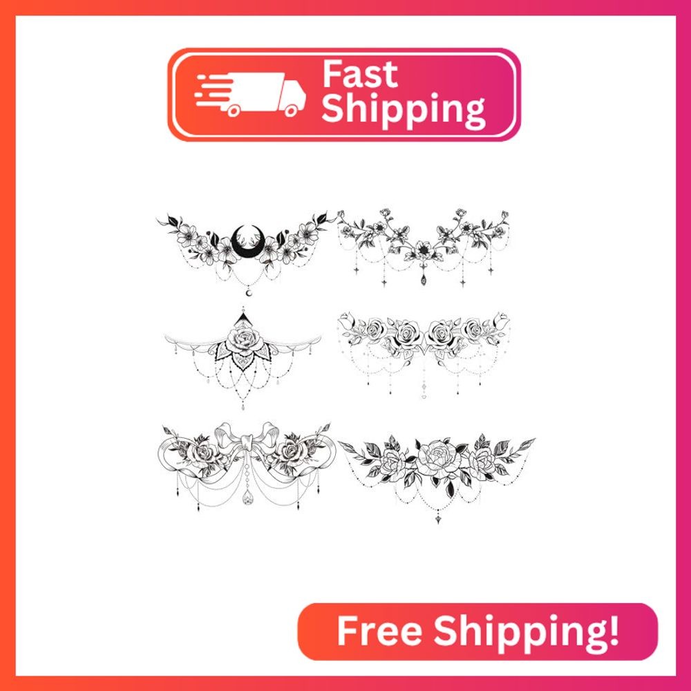 6Pack Chest Underboob Temporary Tattoos for Women Adult, Waterproof Floral Moon