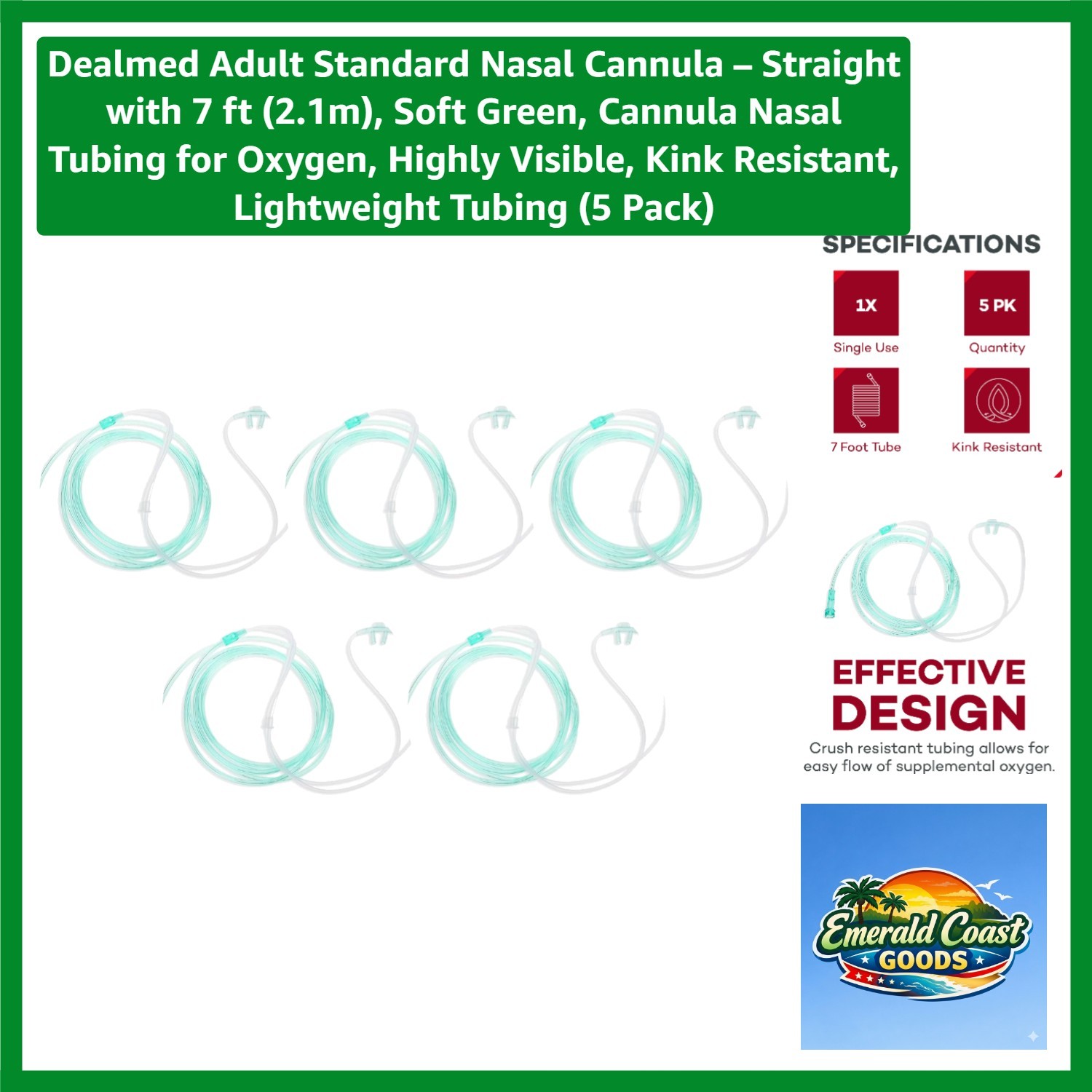 7 ft Oxygen Nasal Cannula - Soft Green, Lightweight, and Highly Visible (5 Pack)