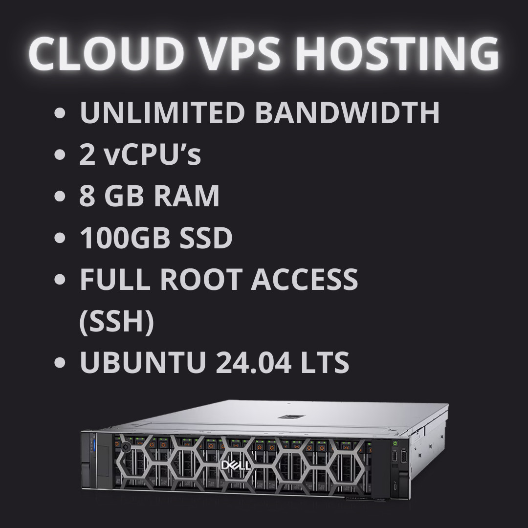 CLOUD VPS with 2 vCPU. 8 GB RAM. 100GB SSD. UBUNTU 24.04 LTS - $5.95/MO