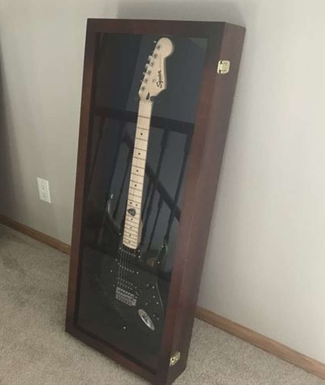 Guitar Display Case Electric Cherry & Black Wood Cabinet USA Frame Wall Lock Box