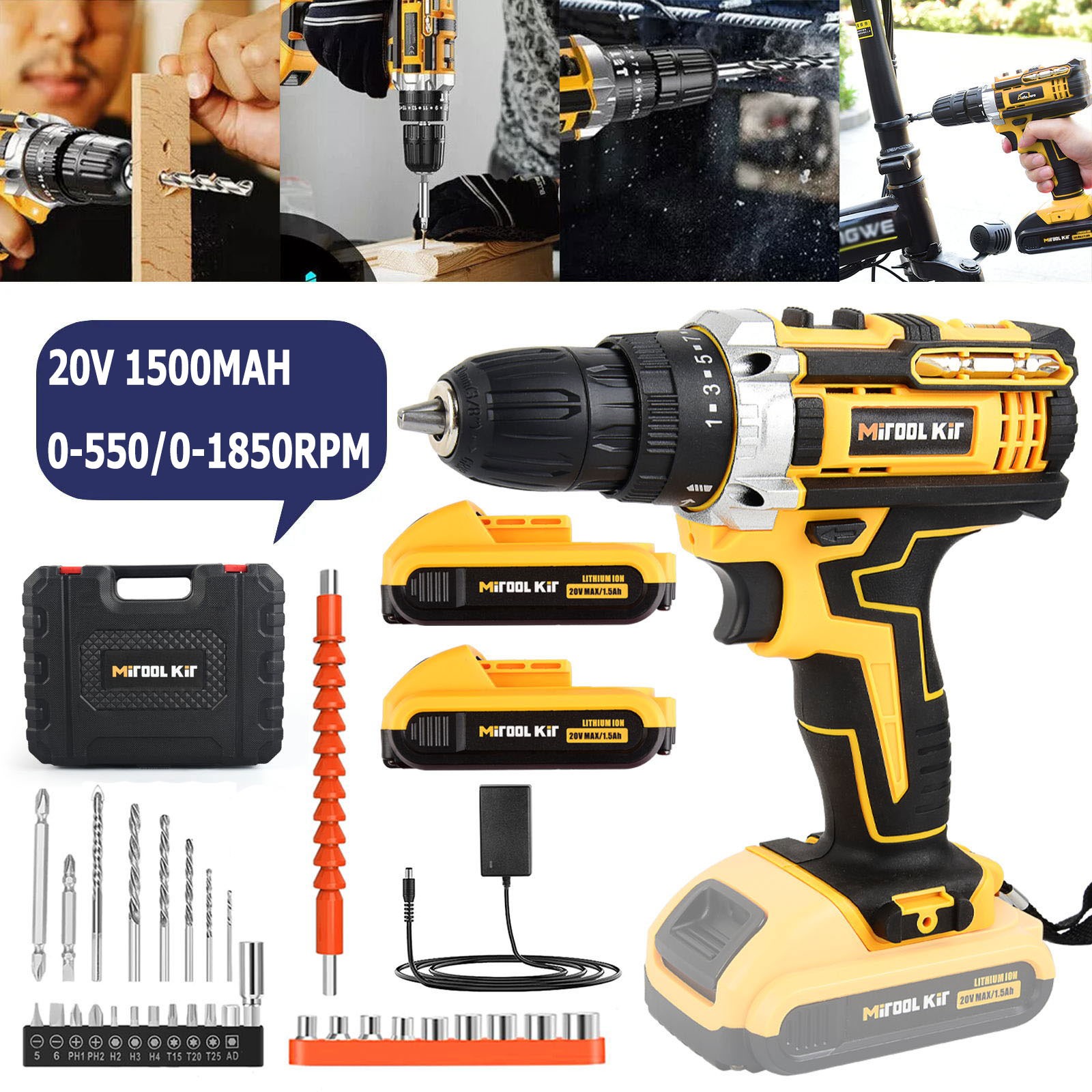 20V Cordless Drill Electric Screwdriver 3/8 Keyless Chuck Work Light
