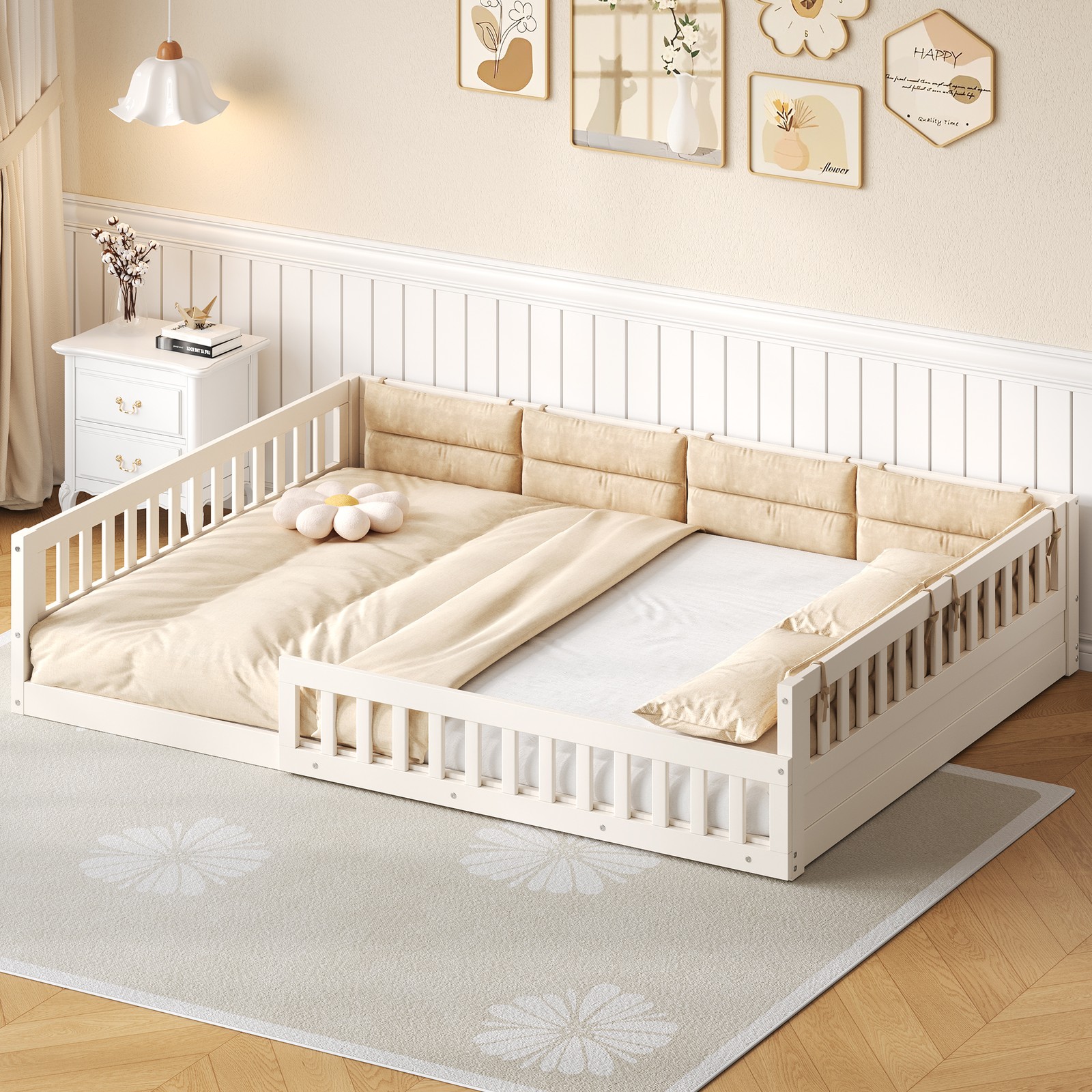 Full Size Upholstered Platform Bed with Guardrail & Pillow, Beige