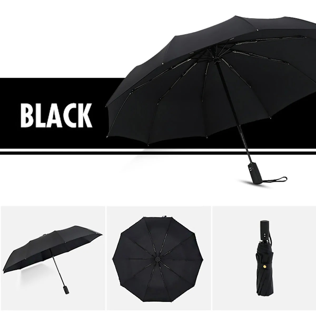 Strong Windproof Stick Compact Umbrella for Rain, One-Click Automatic Open and C