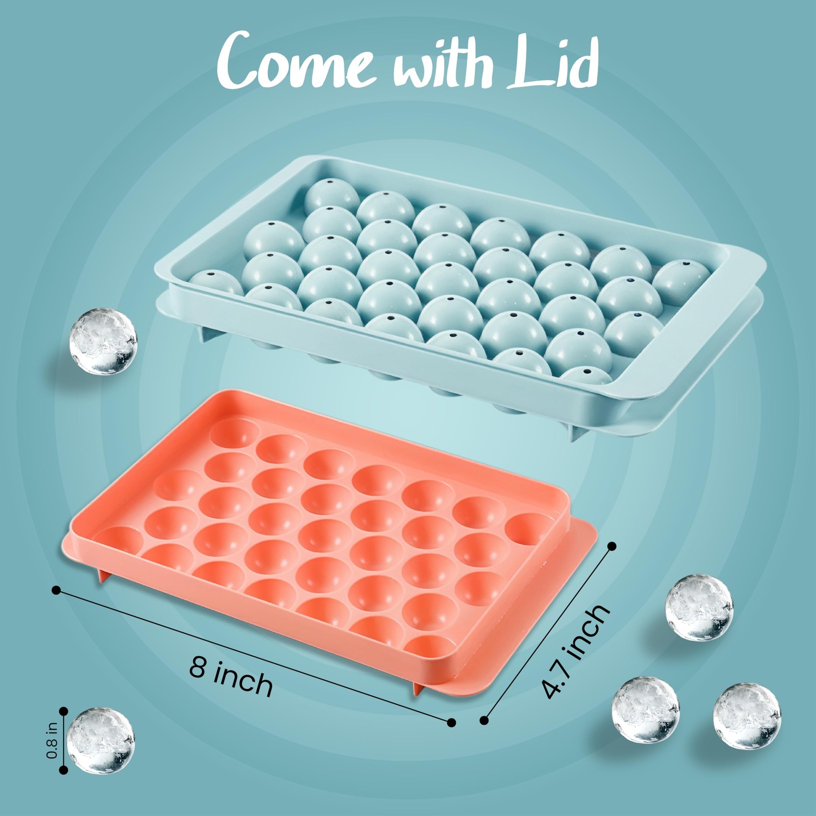 2 Pack 0.8" Mini Round Ice Cube Trays with Lid, 66PCS Ice Ball Maker Molds