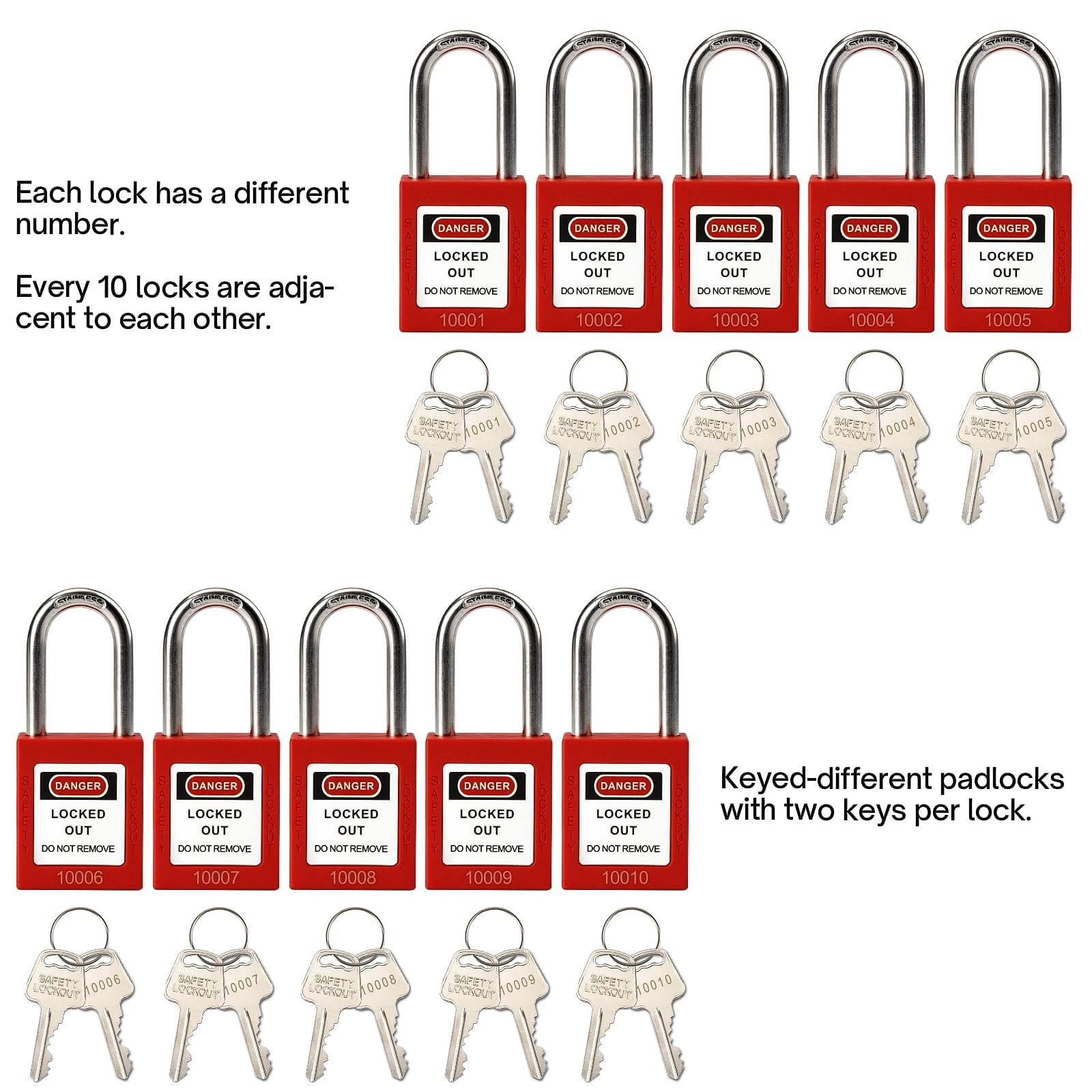 Lockout Tagout Locks with Brass Core, Keyed Different, 10 Red Safety Padlocks...