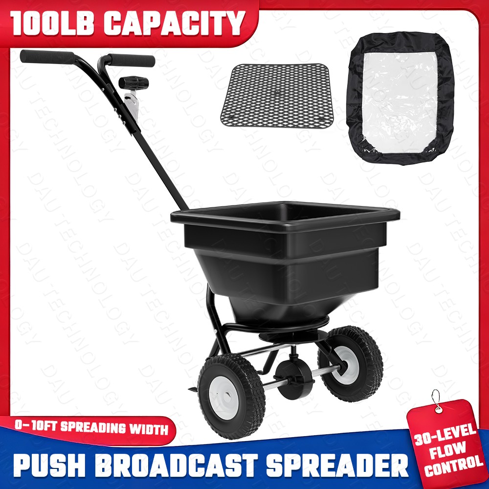 100LBS Walk-Behind Broadcast Spreader w/ Rain Cover For Salt Fertilizer Black