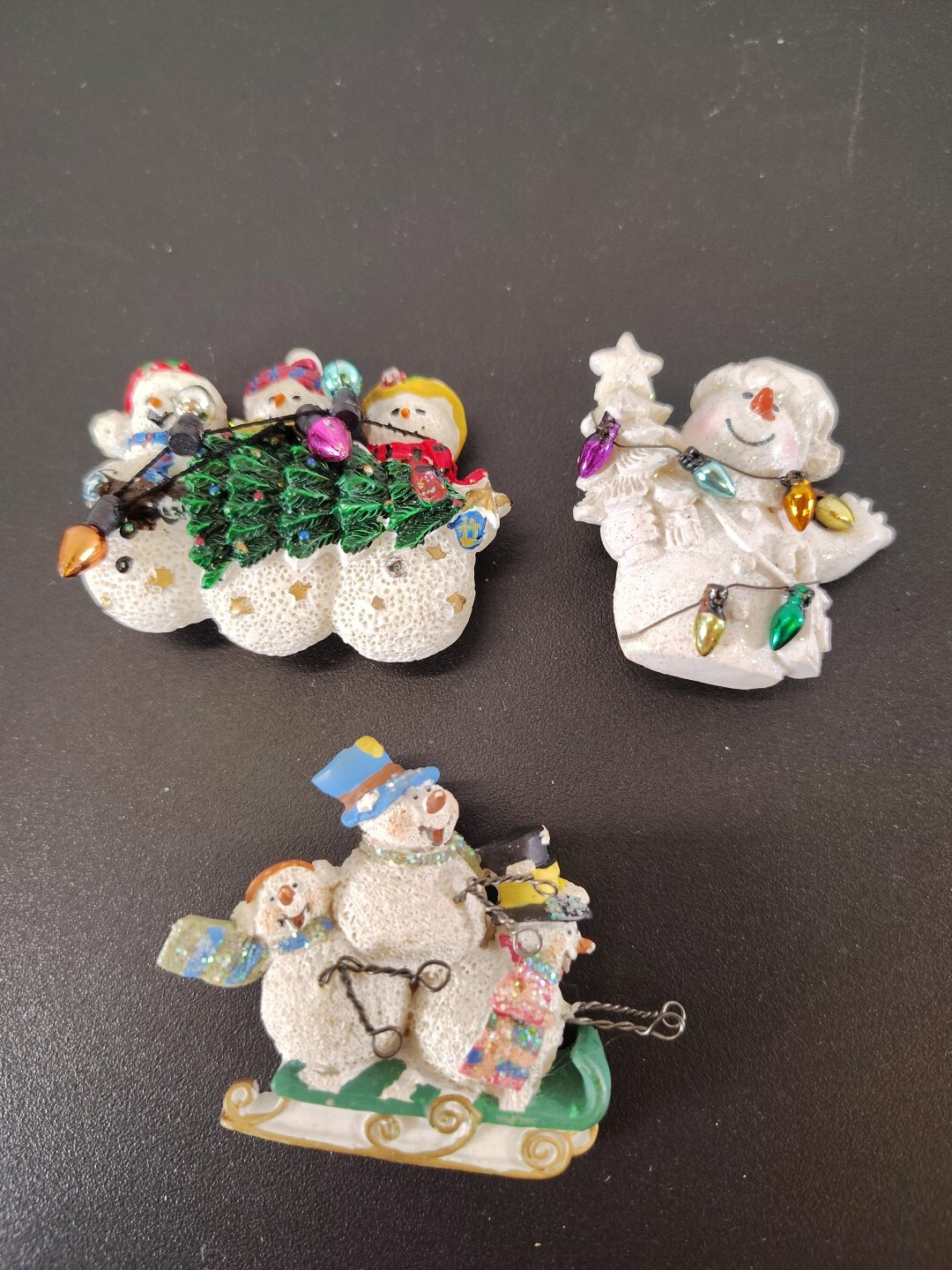Christmas Snowman /Pin Groups of Snowmen /Sled and Lights. SET OF 3