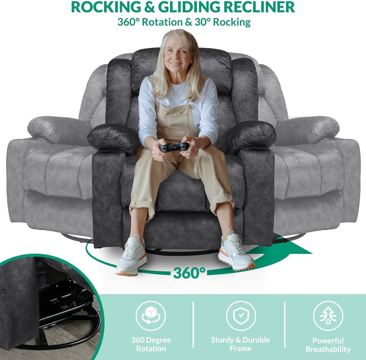 Manual Swivel Rocker Recliner Glider Chair Lounge Sofa w/ Massage Heat USB Ports