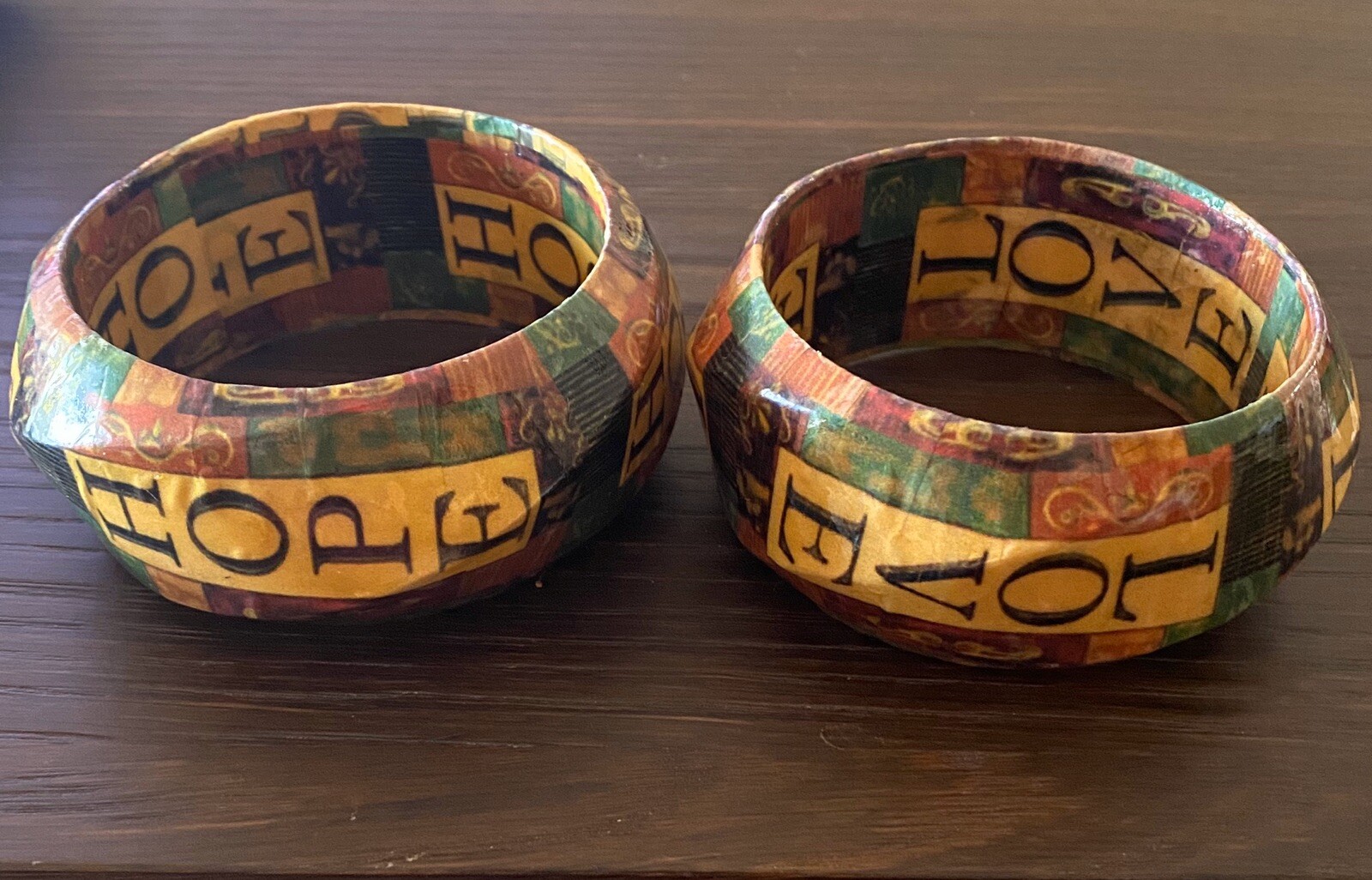 LOVE HOPE Wood Bangle Bracelet Artisan Decoupage Recycled Inspirational