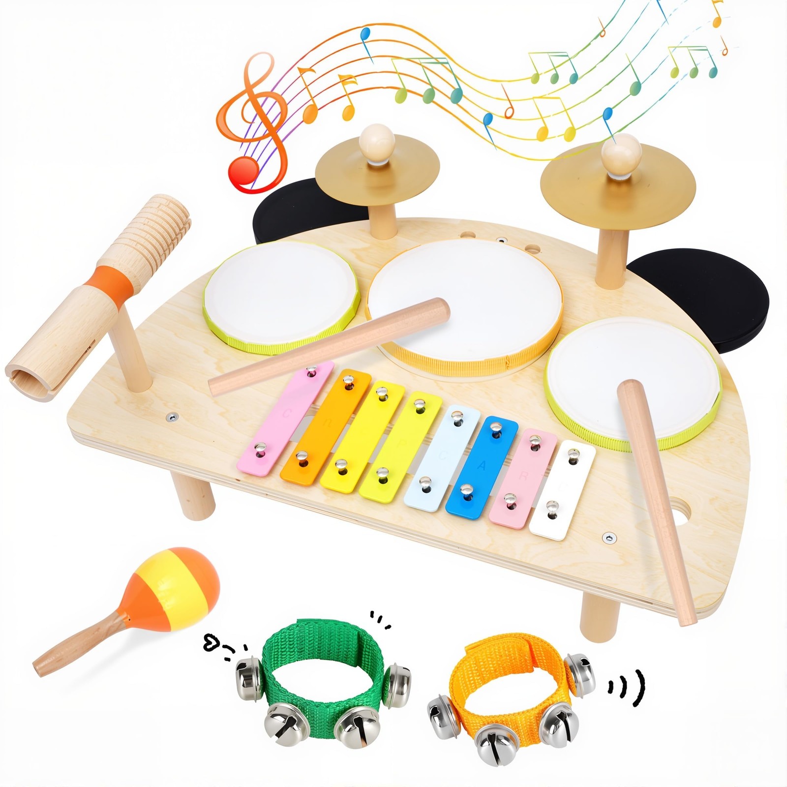 Drum Set, Montessori Musical Instruments for Toddlers 1-3, Wooden Baby Musica...
