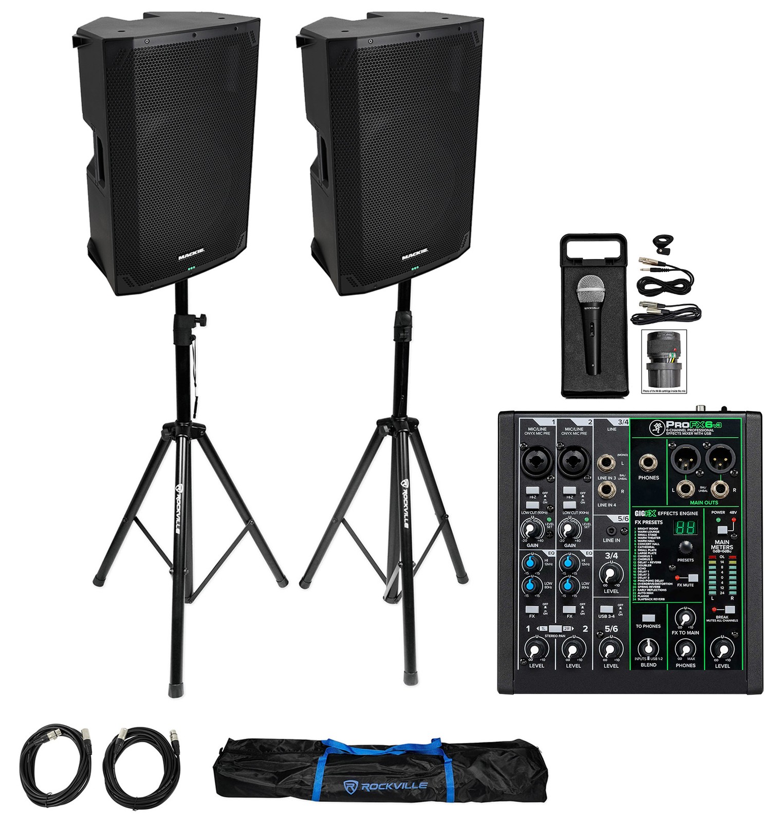 (2) Mackie Thump15 V4 15” 1400w Powered DJ PA Speakers+Mixer+Stands+Microphone
