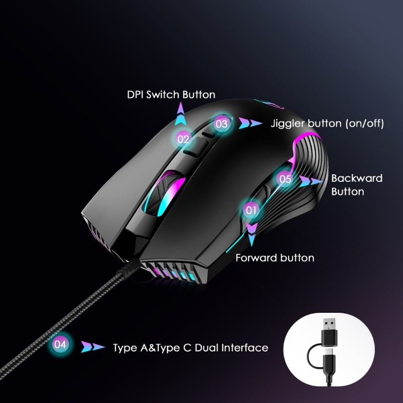 Ergonomic Corded Opticaled Mouse USB C A Color Lighting Computer Jiggler 7200DPI