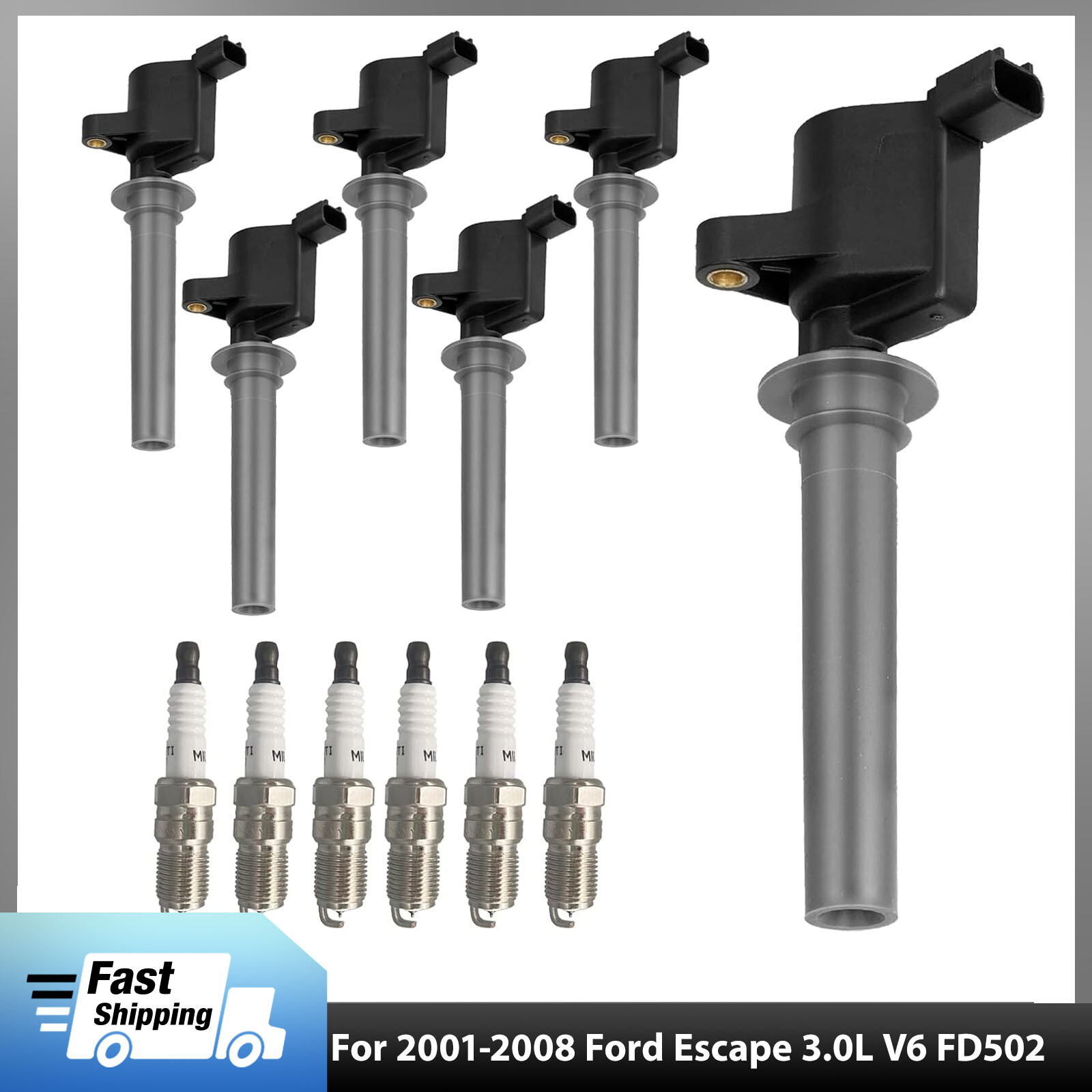 6 Pack Ignition Coil Pack & Spark Plugs for 3.0L V6 2001-2008 Ford Escape FD502