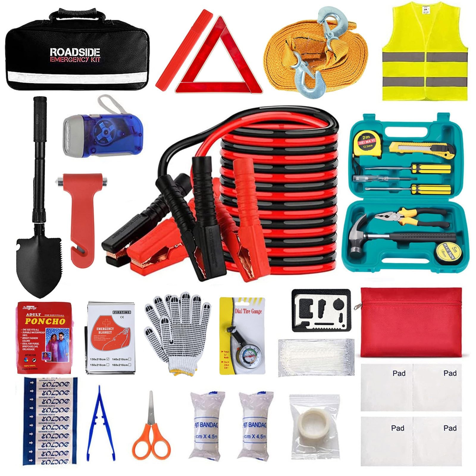 Car Emergency Roadside Tool Kit with Jumper Cable Black Red Accents