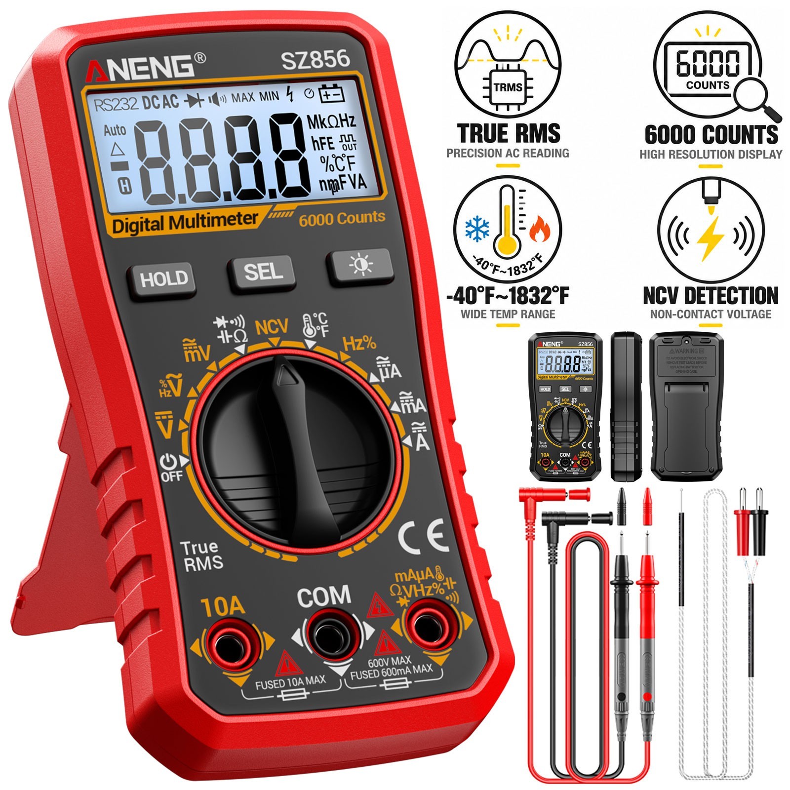 ANENG SZ856 True RMS Digital Multimeter 6000 Counts AC DC Voltage Amp Ohm Tester