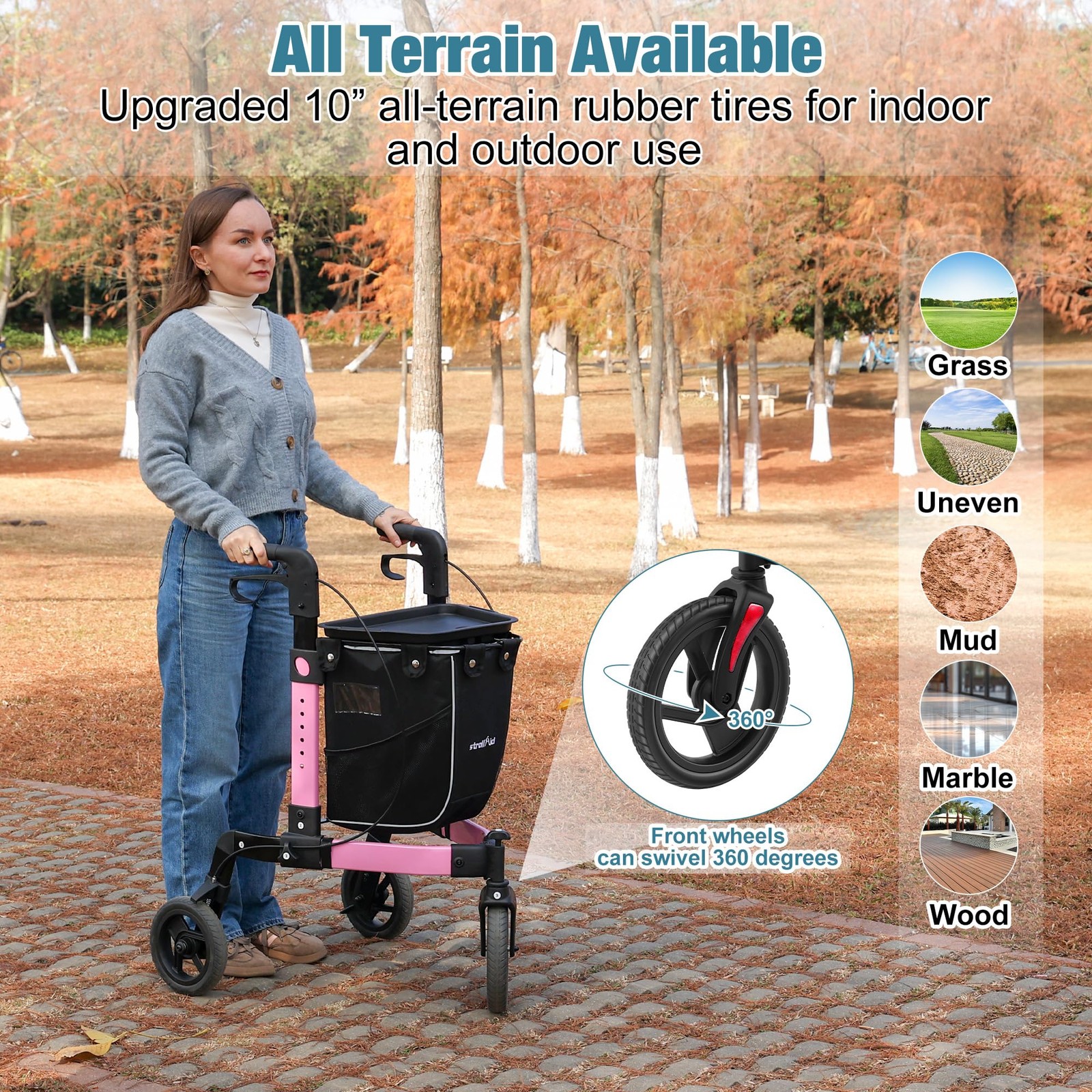 StrollAid 3 Wheel Walkers for Seniors, Foldable Rollator Walker with Pink