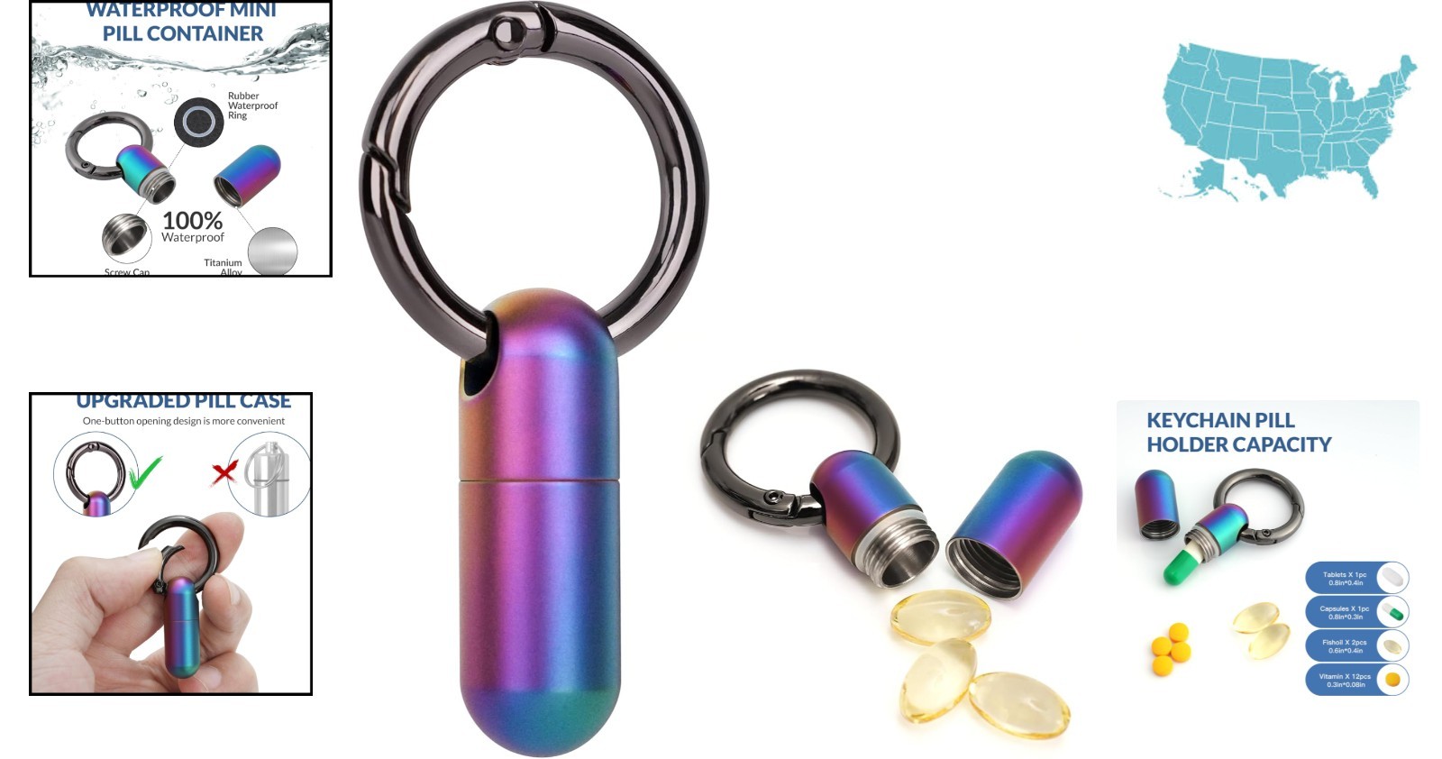 Travel-Friendly Titanium Pill Container with Keyring & O-ring Seal - Multicolor