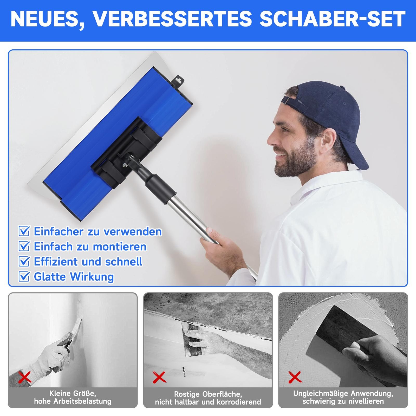 7pcs Set Drywall Composite Skimming Blades w/ Adapter + Extension Handle