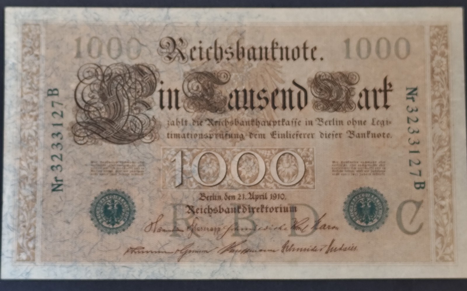 1910 GERMAN 1000 MARK BANKNOTE-GREEN SEAL-VERY GOOD