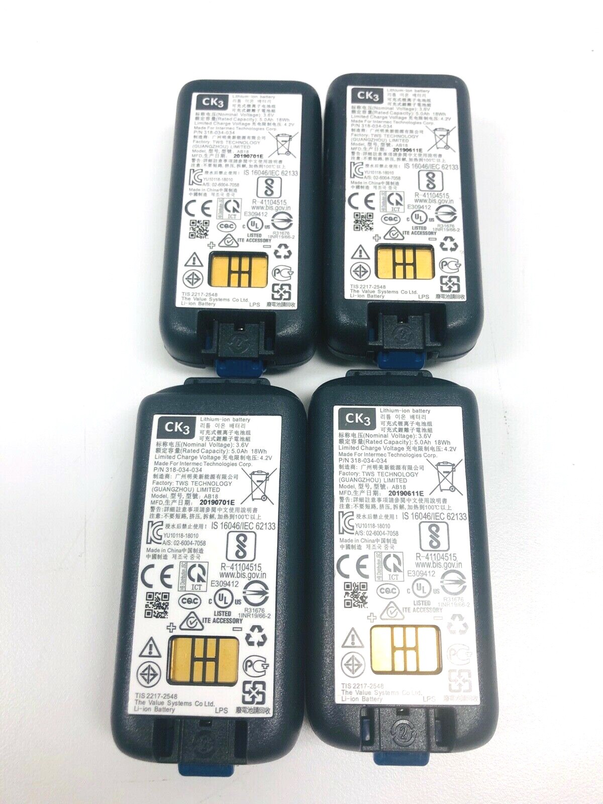 LOT OF 4 Intermec CK3 Lithium-ion Batteries *UNTESTED* 318-034-034 3.6V 18Wh