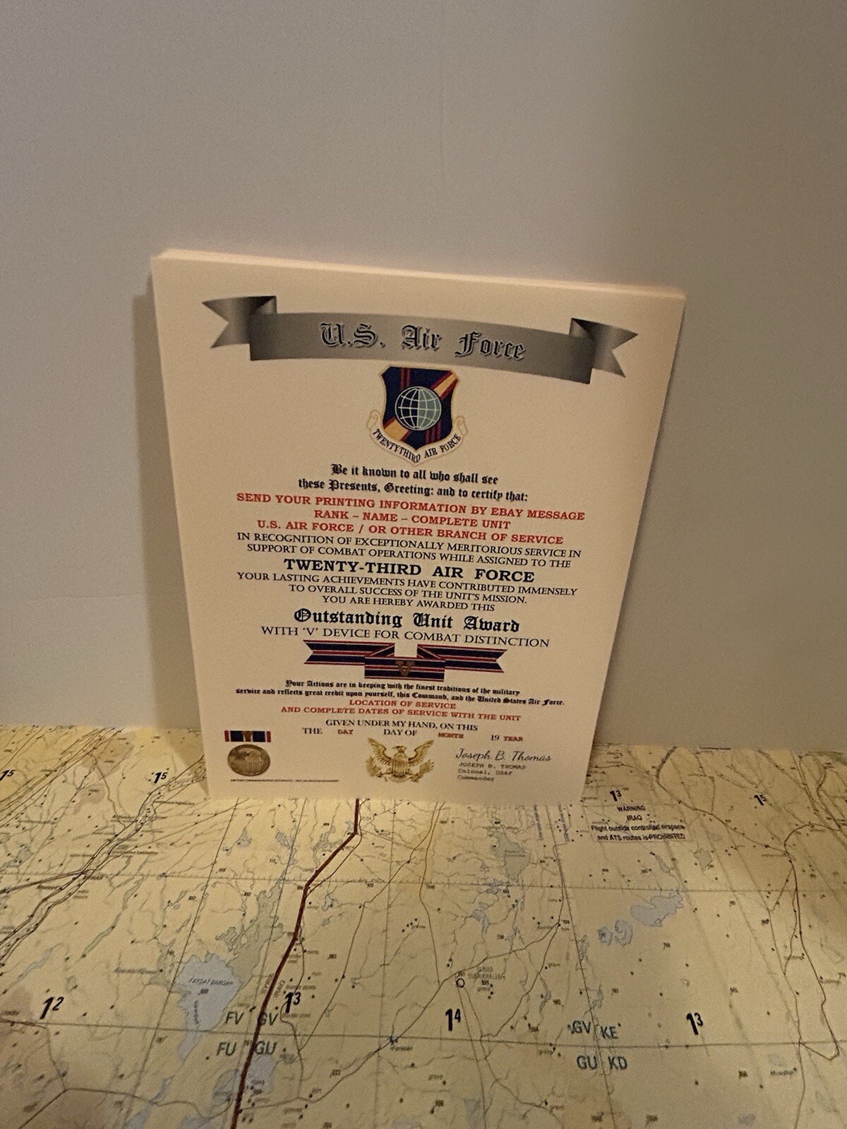 U.S. AIR FORCE / 23RD AIR FORCE - OUTSTANDING UNIT AWARD W/V DEVICE CERTIFICATE