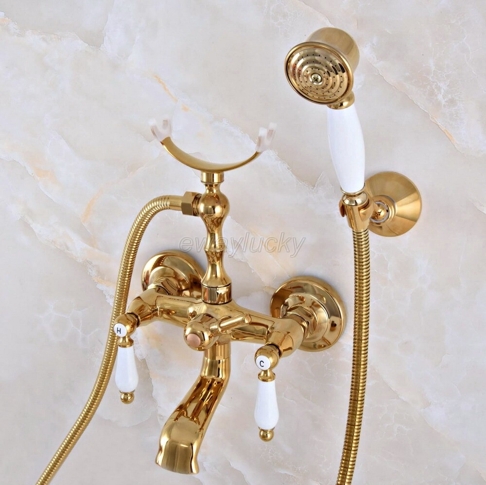 Gold Color Brass Wall Mount Bathroom Clawfoot Tub Filler Faucet Handshower
