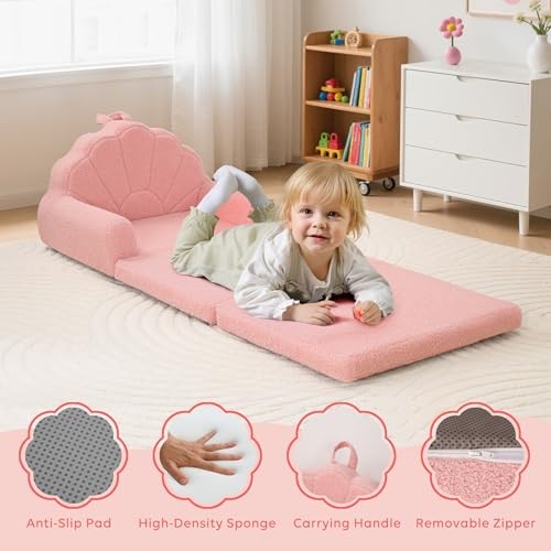Toddler Chair and Couch for Kids, 2-in-1 Soft Couches that Fold Out for 1 Pink