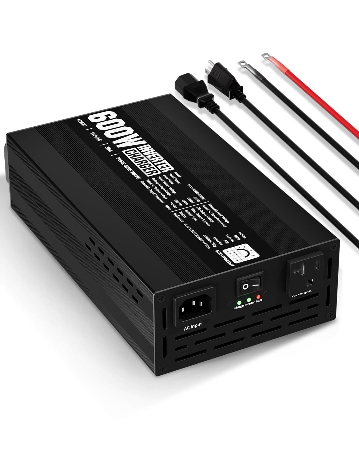 ECO-WORTHY 600W Inverter Charger 30A LiFePO4 Battery Charger 12V to 110V 1200W