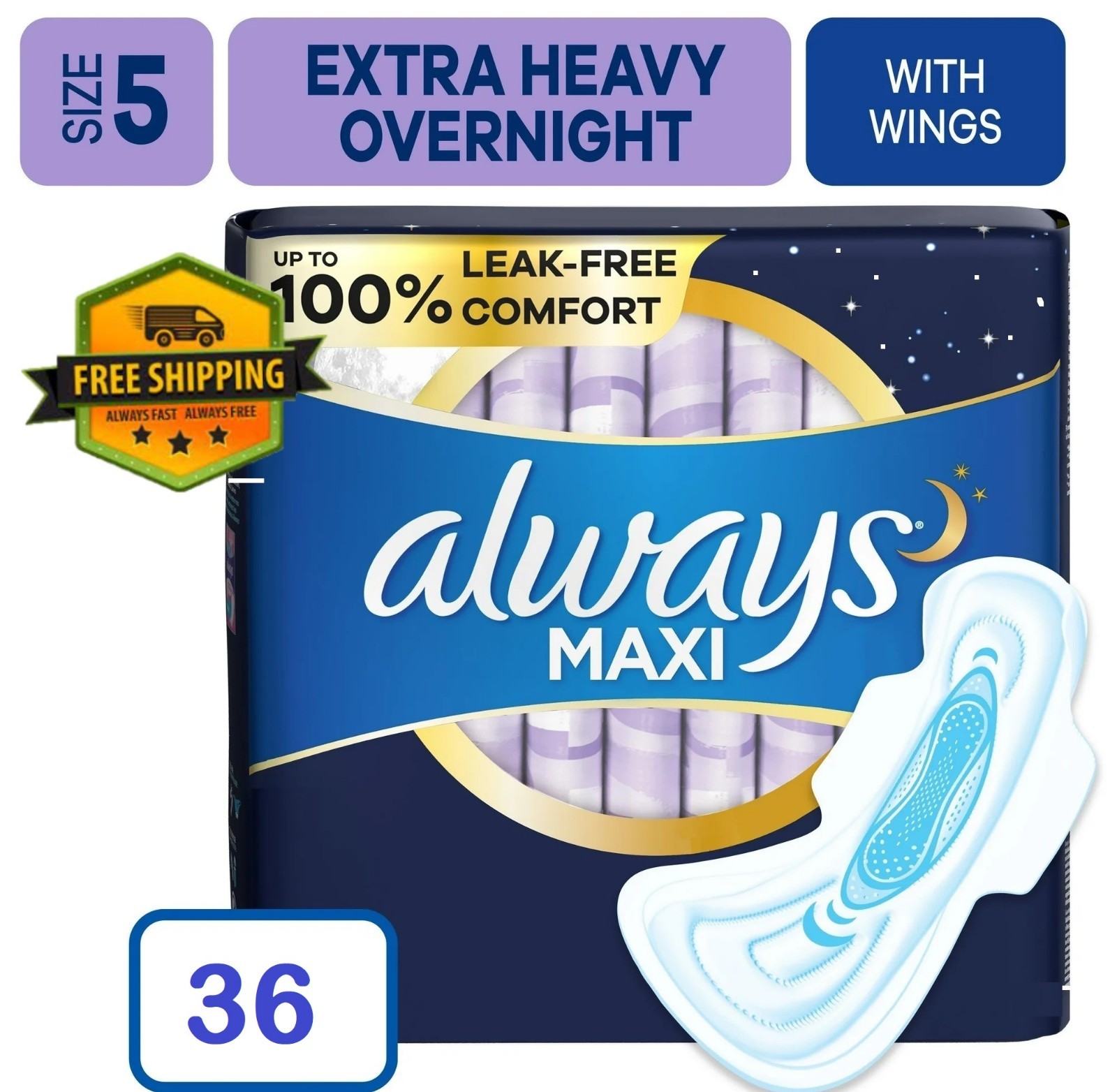 Always Maxi Pads with Wings, Size 5, Extra Heavy Overnight Flow, Pack of 36