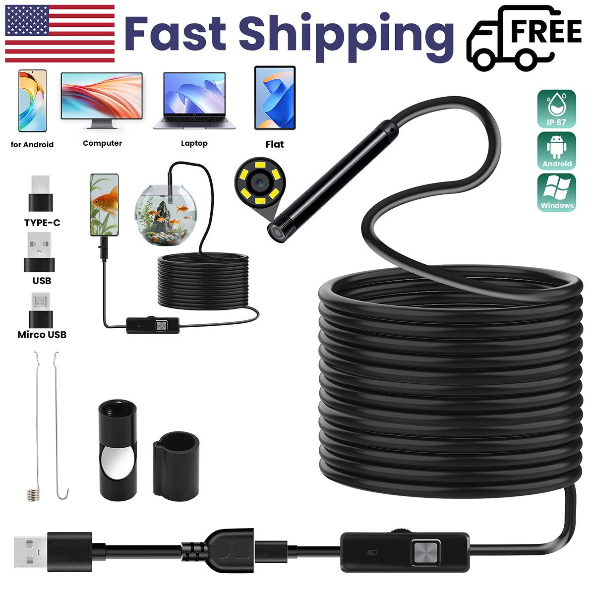 USB Type C Endoscope Borescope Snake Inspection Camera 3 in 1 for Android System