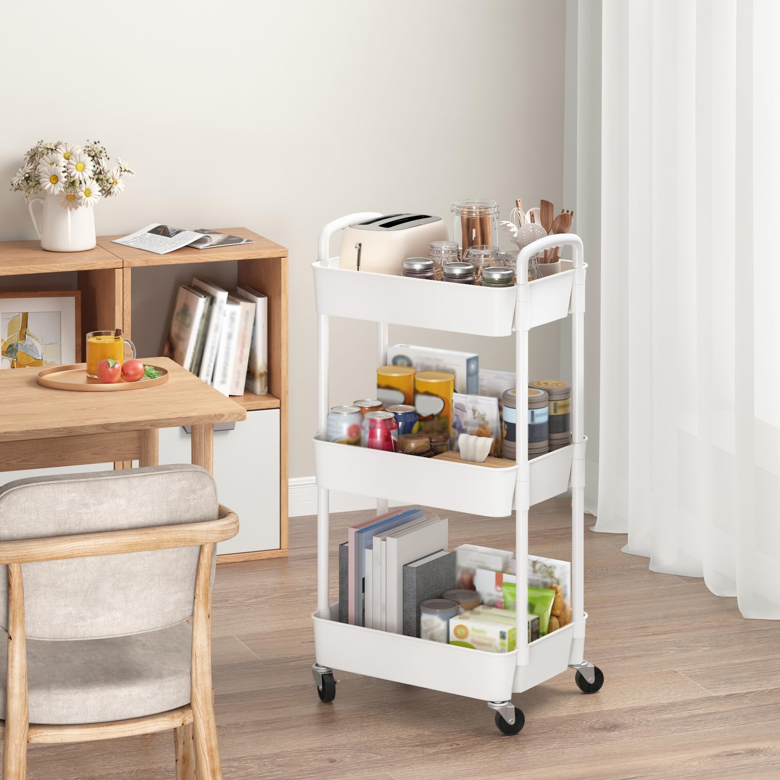 3-Tier Plastic Rolling Utility Cart with Wheels for Storage,White