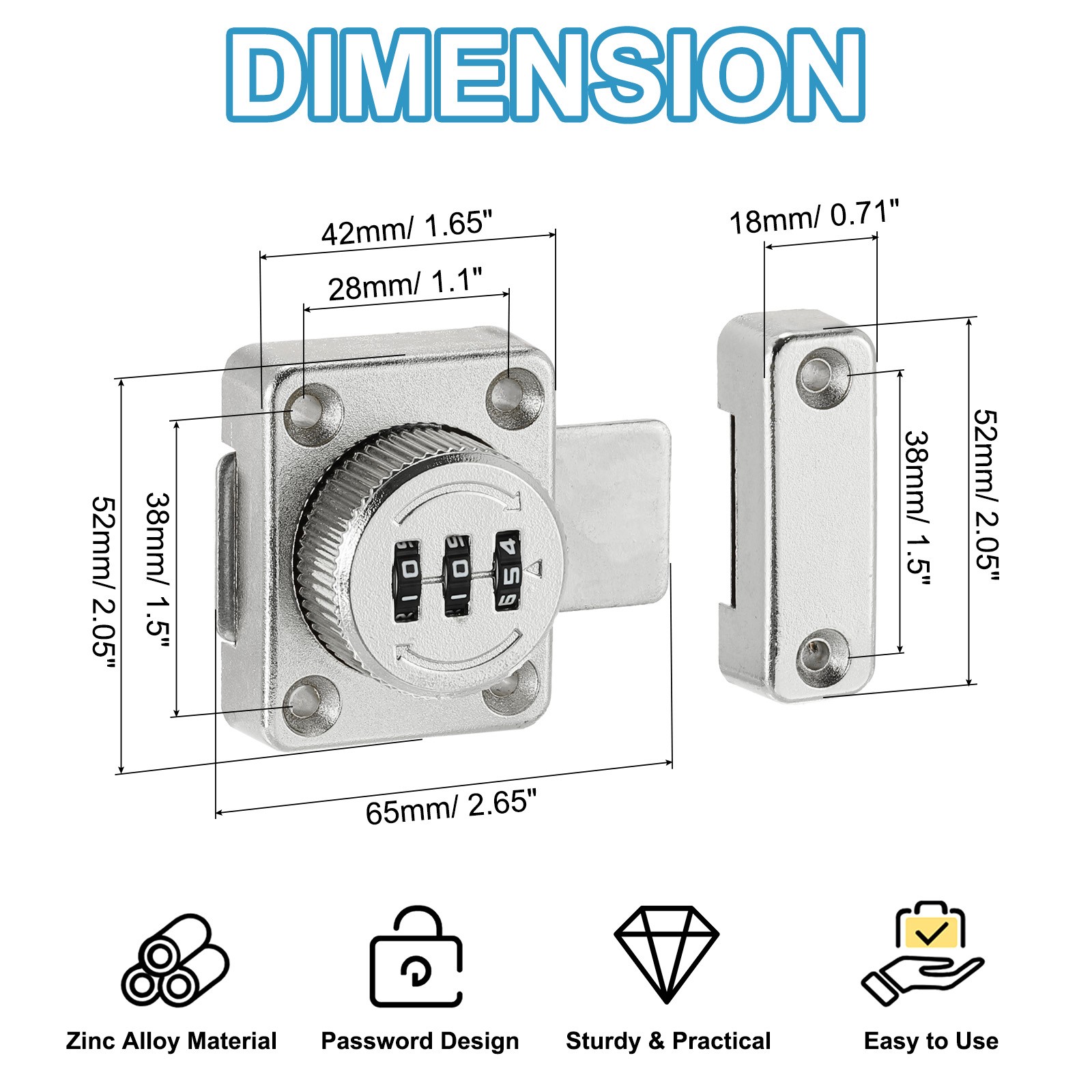 Cabinet Combination Lock with L-Screwdriver Silver