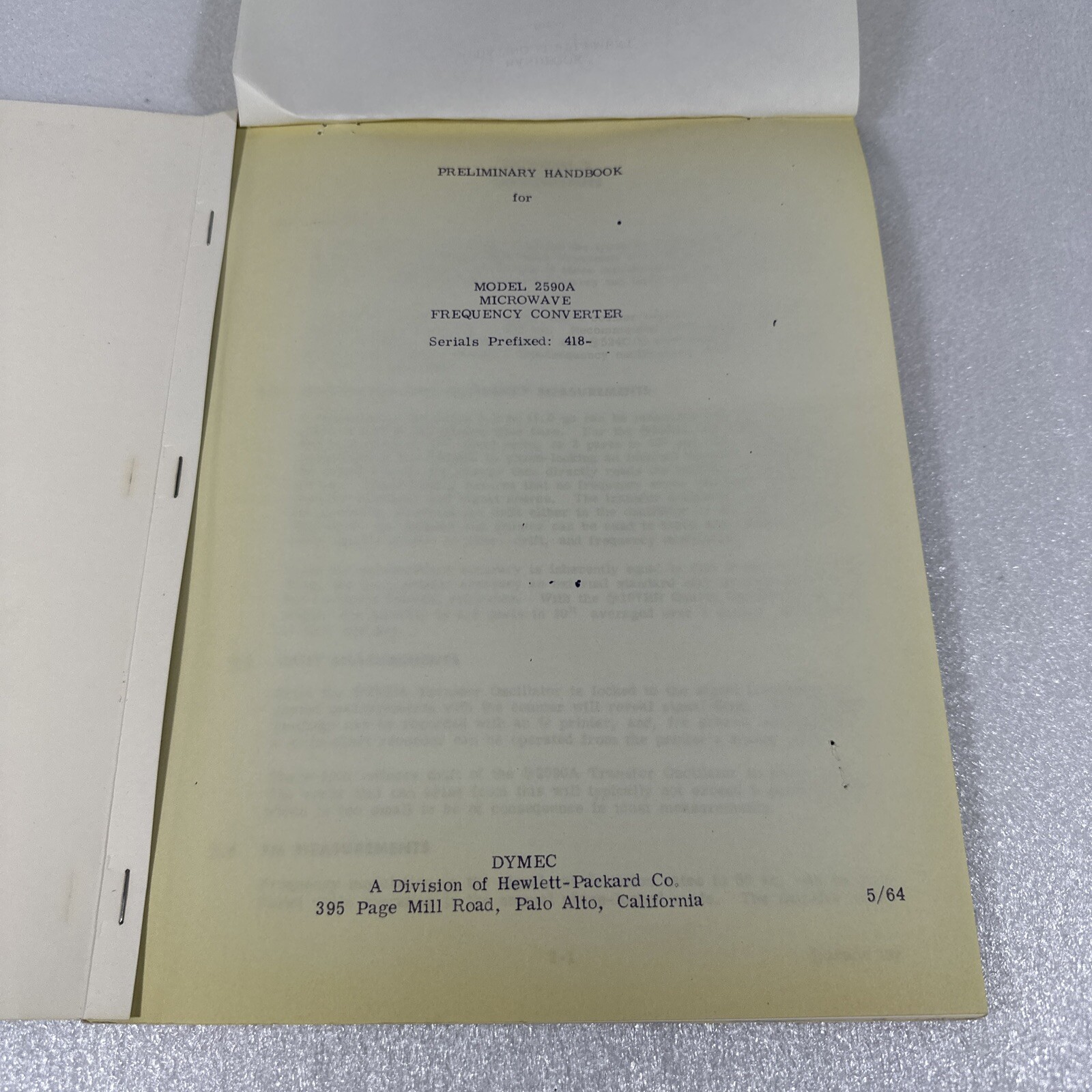 HP Model 2590A Microwave Frequency Converter Preliminary Handbook 5/64