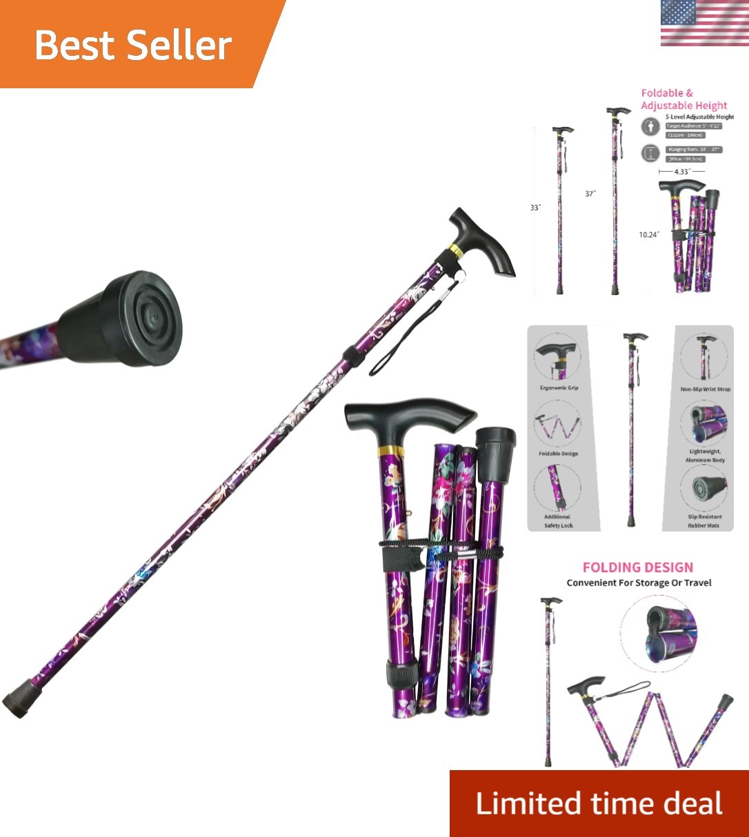 Floral Folding Cane for Seniors | Adjustable Height & Lightweight Mobility Aid
