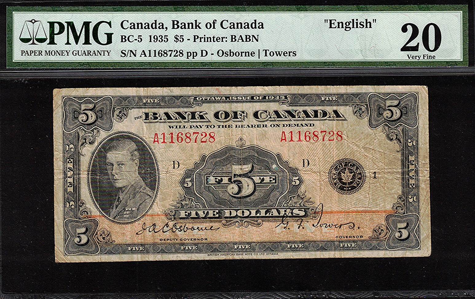 1935 ENGLISH $5.00 BC-5 PMG VF 20 SCARCE Canada Prince of Wales KEY Five Dollars