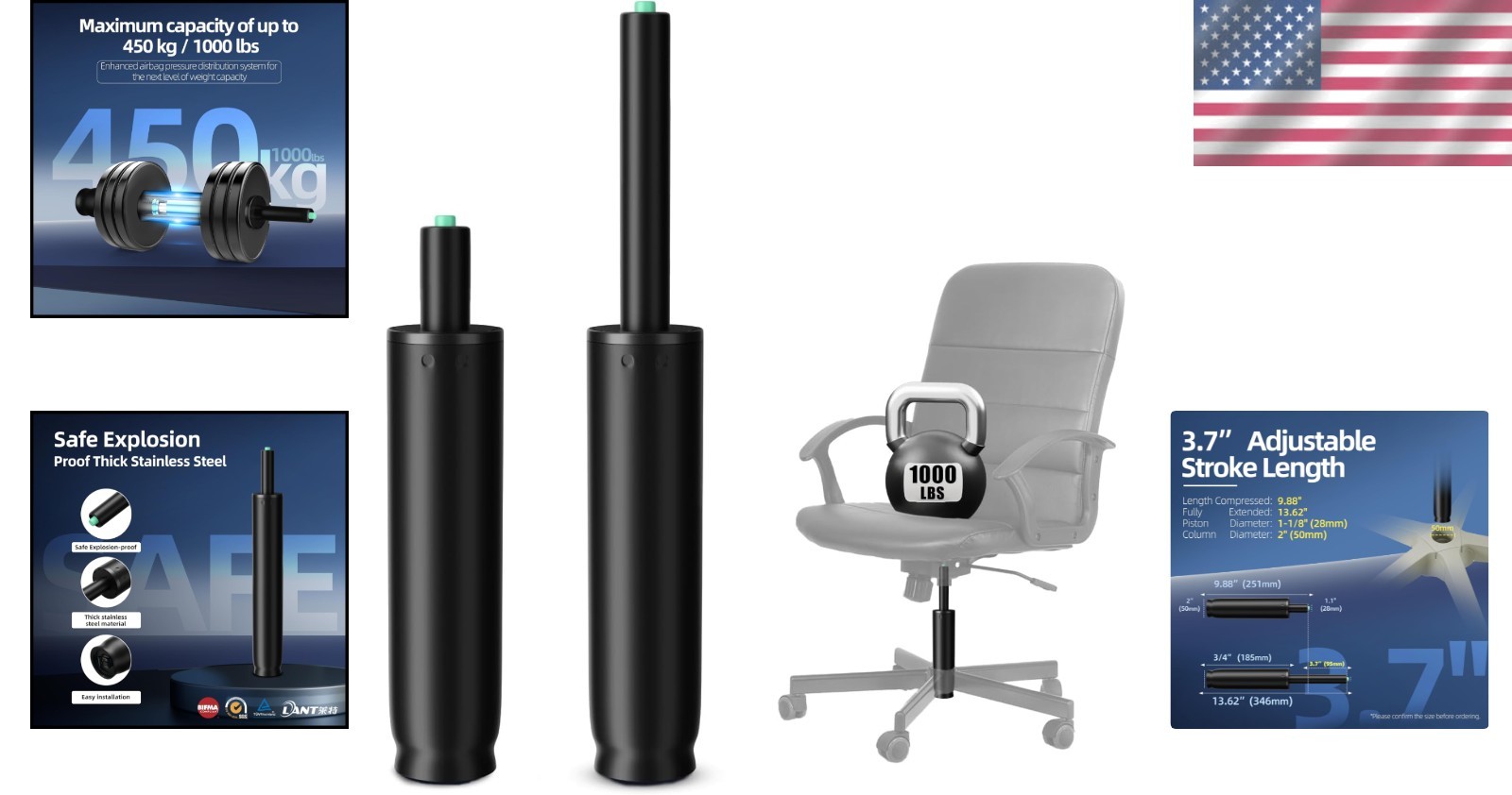 Class 4 Gas Lift Office Chair Cylinder Replacement - 9 to 13 Inches, Matte Black