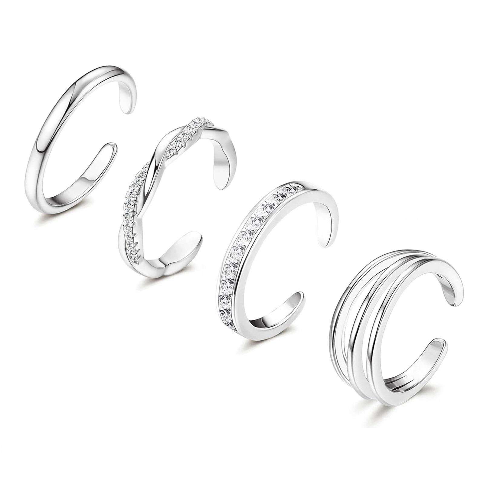 Xozeu 4PCS 14K Gold Filled Toe Rings, White Plated Adjustable, Silver