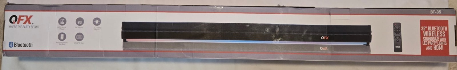 QFX BT-35 35" Bluetooth Soundbar, LED Party Lights, Bluetooth, HDMI, USB, FM