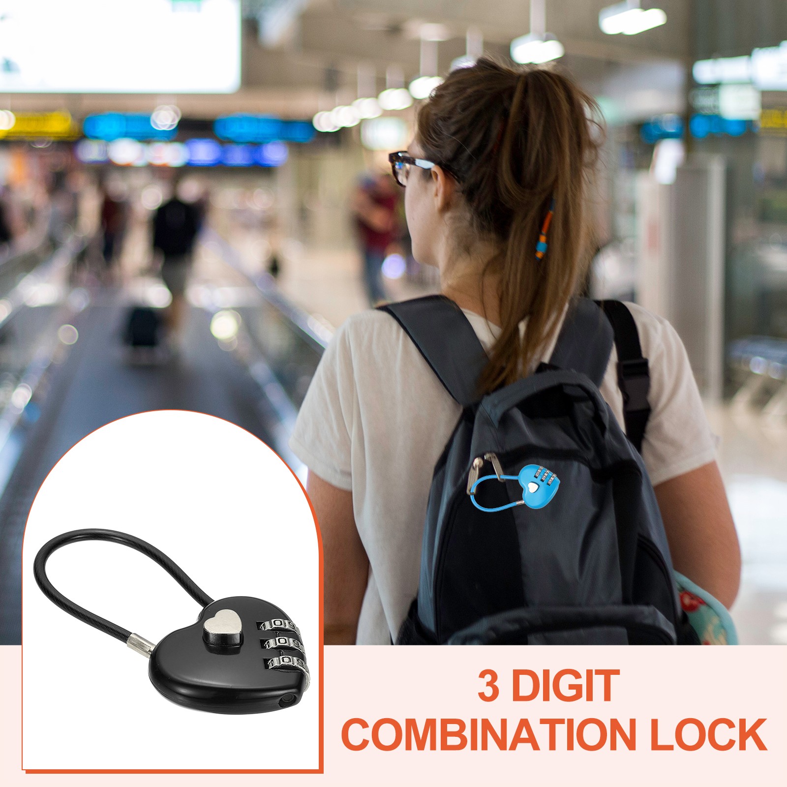 2 Pcs 3 Digit Cable Lock with Combination 4.3" Steel Rope Black