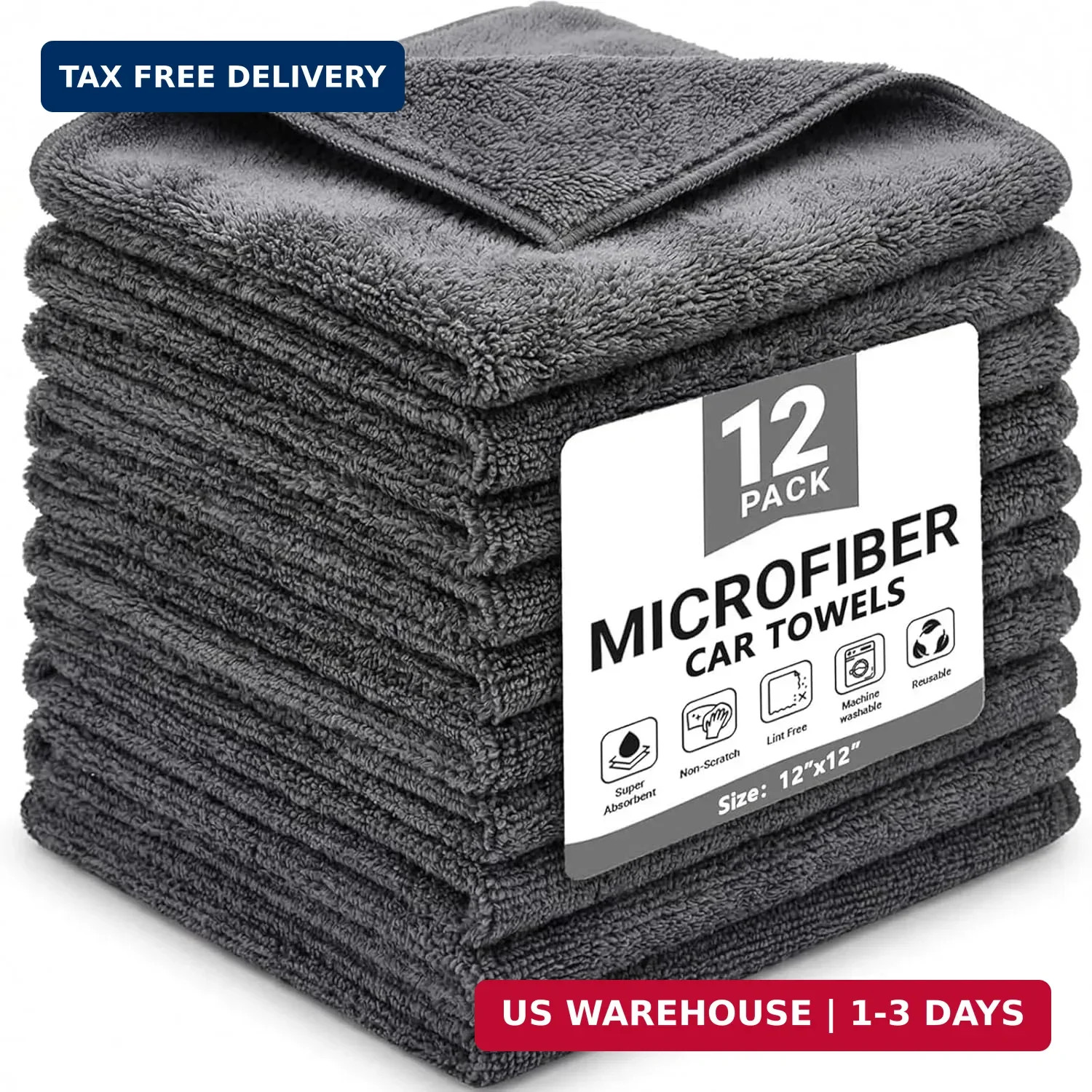 Puomue 12 Pack Microfiber Cleaning Cloth for Cars, 12" X 12" Car Microfiber Towe